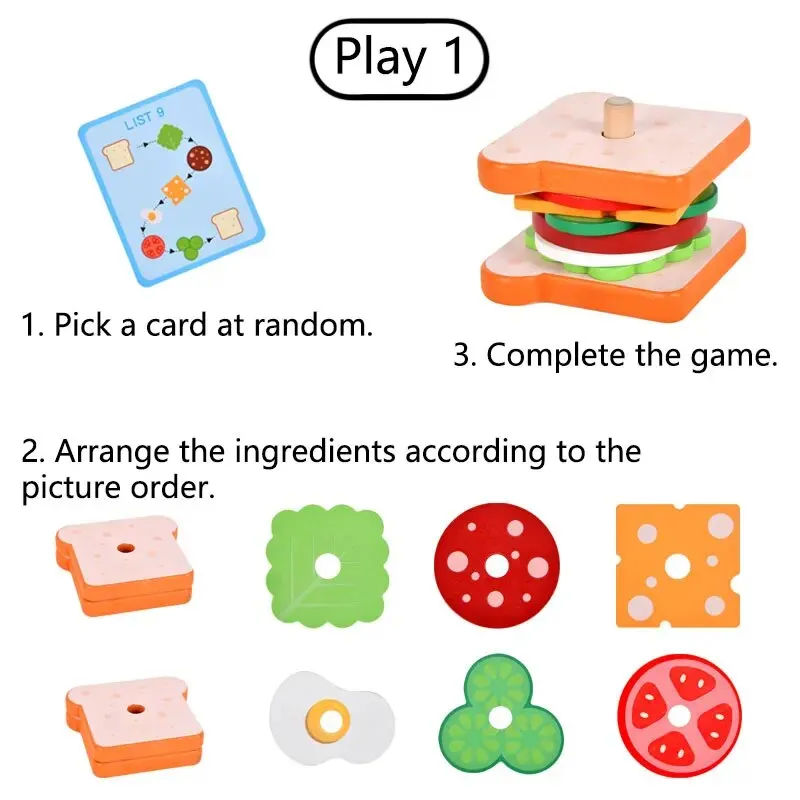 Montessori Wooden Hamburg Sandwich Stacking Toys With Order Cards Fine Motor Skills Preschool Educational Toys Preschool Gifts