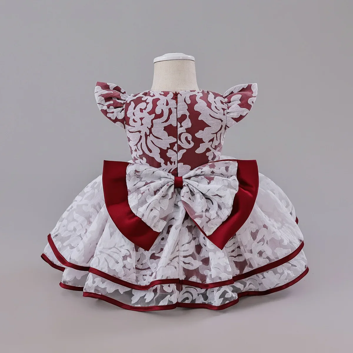 Kid Puff Sleeved Lace Jacquard Baby Dress Wedding Party Performance Show Bow Satin Ribbon Trim for Children Girl Party Gown