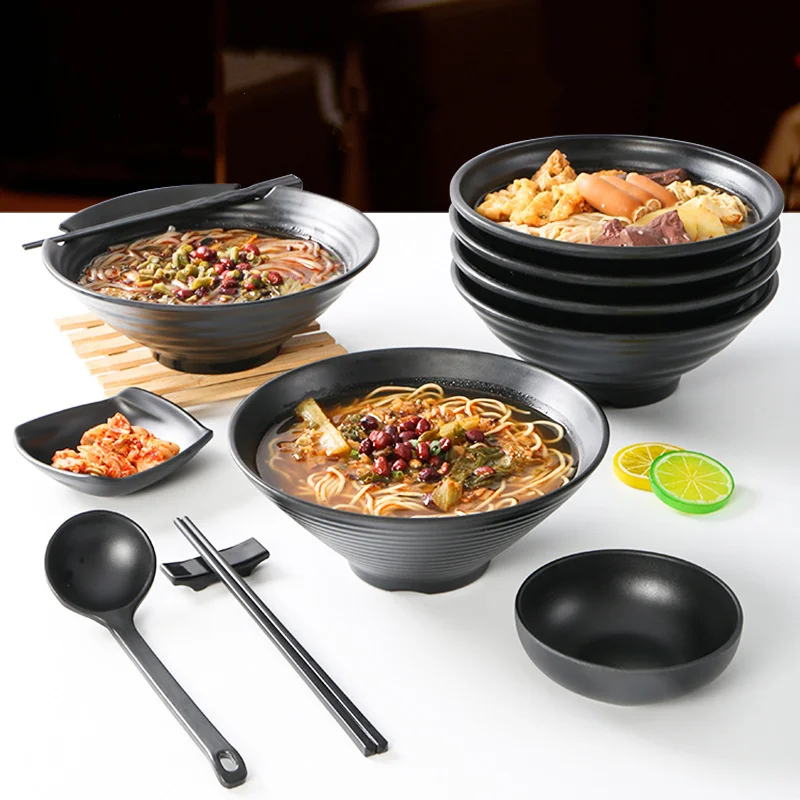 Black Melamine Ramen Bowl Imitation Porcelain Large Capacity Noodle Bowls Japanese Style Soup Salad Bowl Kitchen Tableware