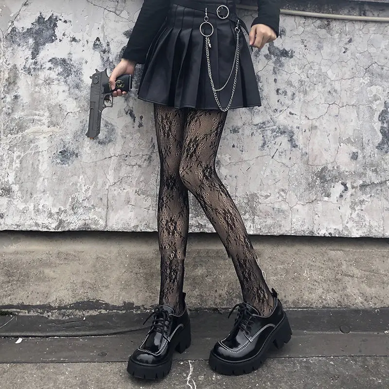 أسود ريترو روز زهرة الكرمة شبكة صيد السمك الدانتيل جوارب طويلة ضيقة للفتيات النساء قاع جوارب مثير لاسي شبكة صيد السمك الجوارب