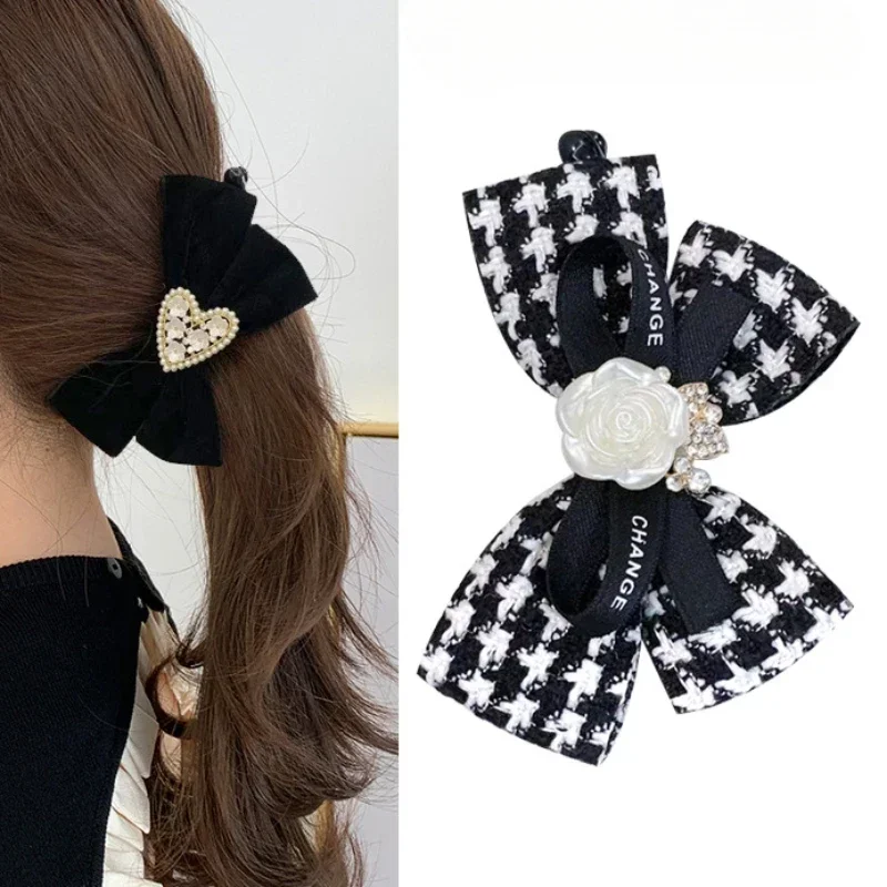 Korean Fabric Art Houndstooth Lattice Chic Banana Hair Clip with Elegant Camellia Flower Bows  Accessories for Women Barette