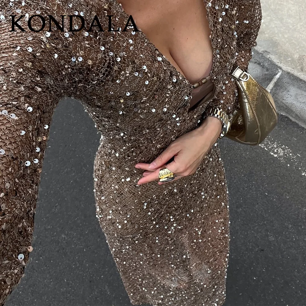 KONDALA 2025 Spring Summer Sexy Hollow Out Women Dresses Fashion Night Club Beading V Neck Slim Sheer Chic Ladies Dresses