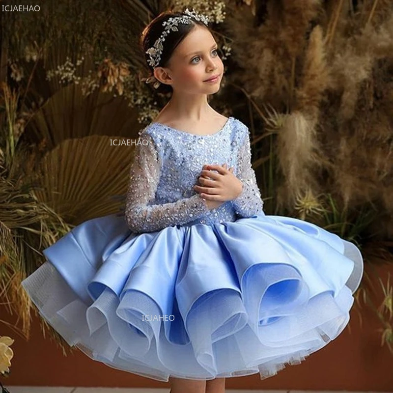 Girls Princess Party Dress Puffy Tulle Gown for Host Piano Celebration Birthday Wear Dresses Performance Kids Pageant Formal
