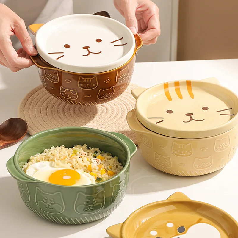 850ML Japanese Cartoon Cat Ceramic Bowl Cute Animal Bowl Instant Noodle Bowl With Cover Kitchen Utensils Ceramic Tableware