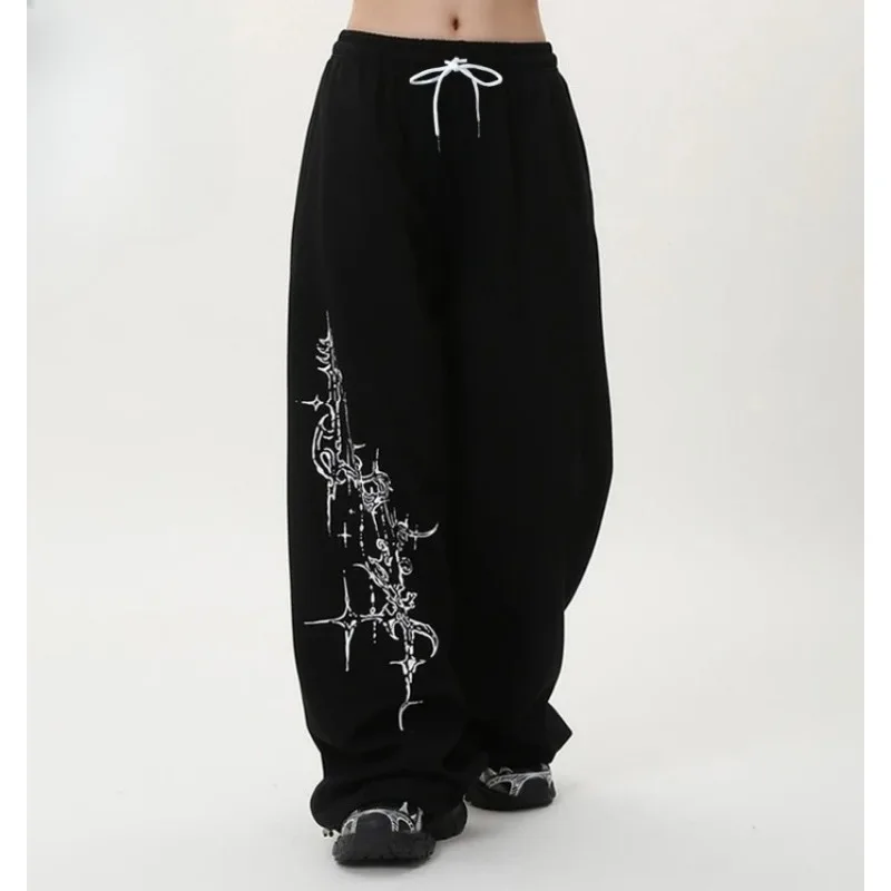 2026 Summer New Dark Gothic Style Black Loose White Thorn Flame Printed Casual Versatile Men's and Women's American Large Pants