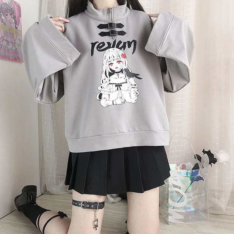 Gothic 2 Piece Set : Anime Print Bell Sleeve Sweatshirt +Black Jk Preppy Style Pleated Skirt Harajuku Lolita Japan Skirt Set
