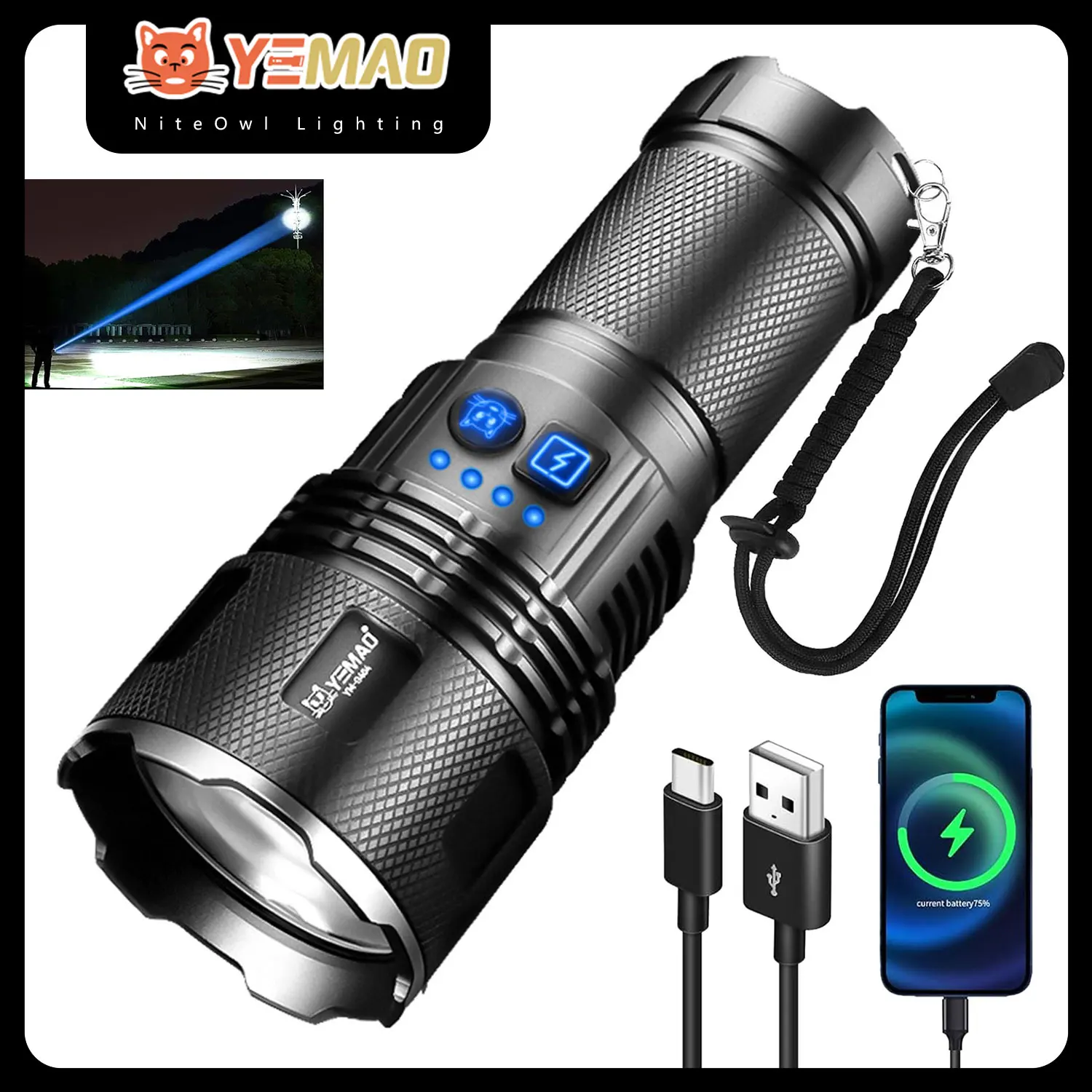 30W YEMAO G404 Portable Strong Light Alloy Flashlight With Tricolor Lens Power Bank Rechargeable Emergency Telescopic Zoom Light