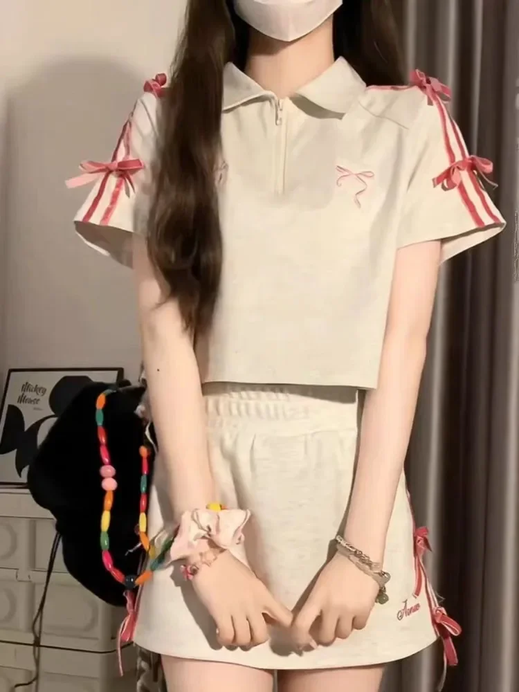 

American Y2K 2 Piece Skirt Set Women Casual Sweet Bow Short Sleeve T-Shirt + Cute Slim Mini Skirt Harajuku Sport Suits Summer