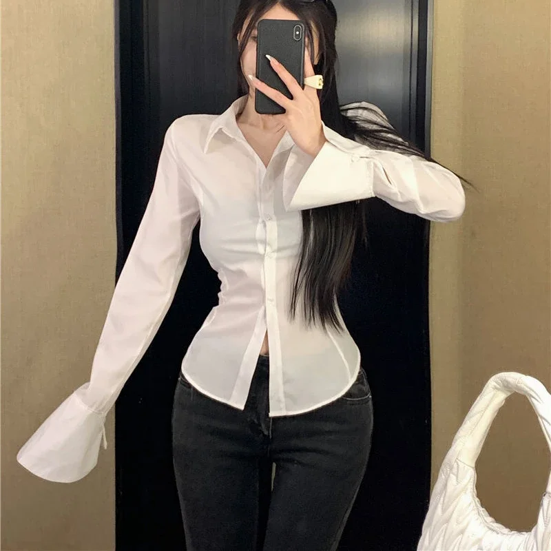 DAYIFUN-Sexy Bandage Shirts,Women,Flare Sleeve,Lapel,Slim Blouse,2024 Spring Summer,High Street Fashion,Single-breasted,Lady Top