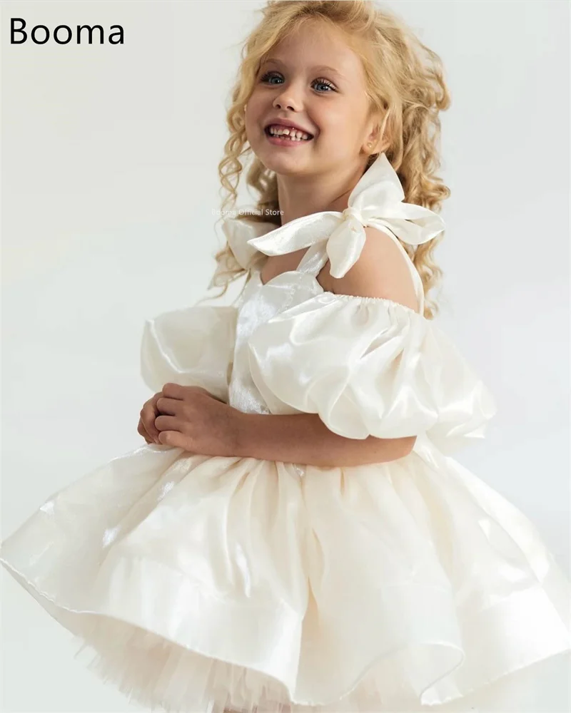 Booma A-Line Flower Girl Dresses Bow Satin Girls Wedding Party Dresses Sleeveless Off The Shoulder Gowns Customized