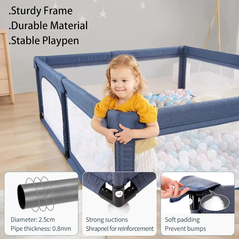 Extra Large Baby & Toddler Playpen with Safety Gate, Durable Cationic Navy Blue Play Yard, 79x59