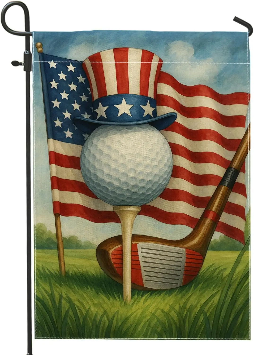 Patriotic Golf Garden Flag, Red White Blue Golf Ball Hat Home Decor Banner, Double Sided Burlap Lawn Decoration for Summer O PPZ