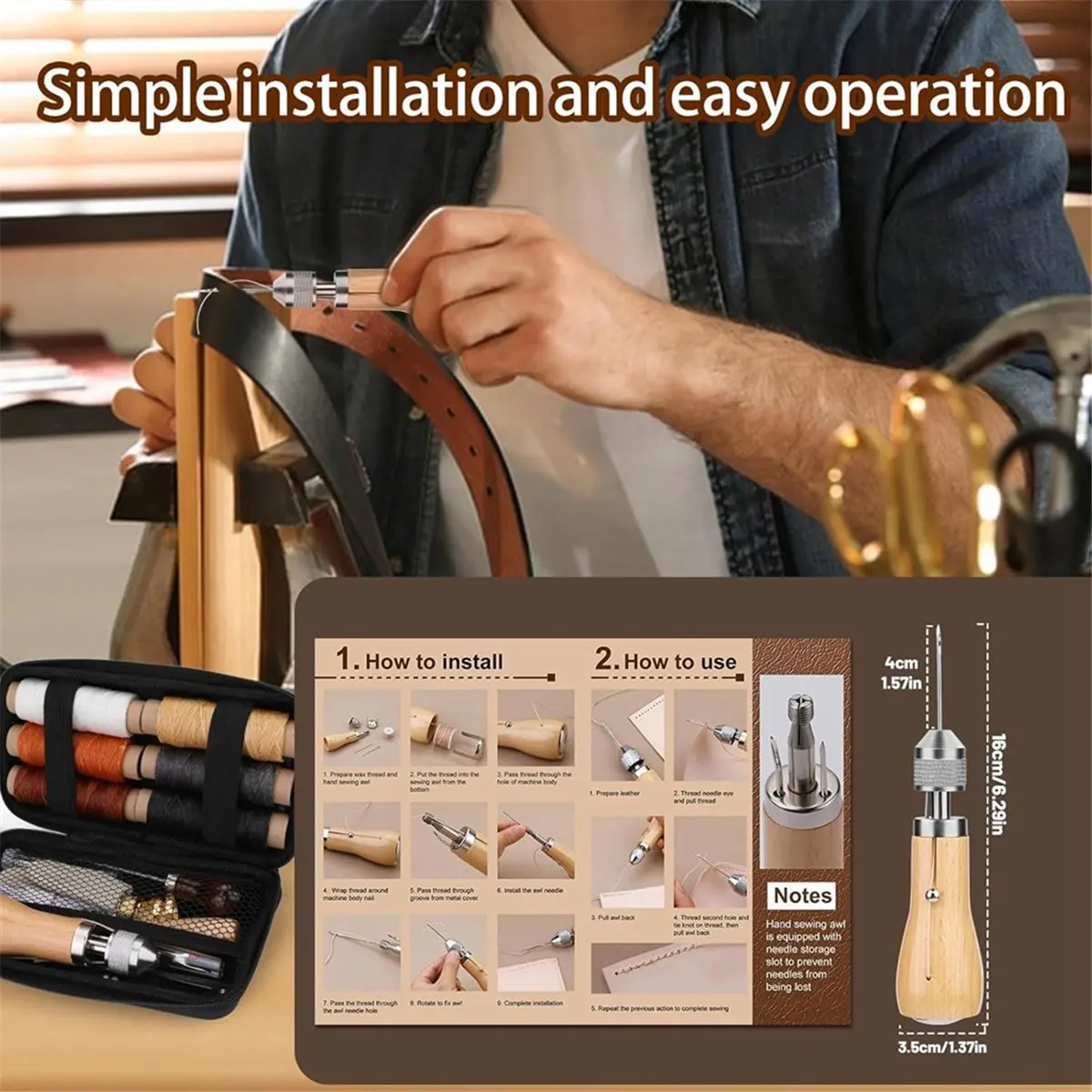 *CLOS مجموعة الخياطة Awl، أداة خرامة محمولة، مجموعة خيط الخياطة الجلدية، مجموعة خيط مشمع للخياطة الجلدية #1