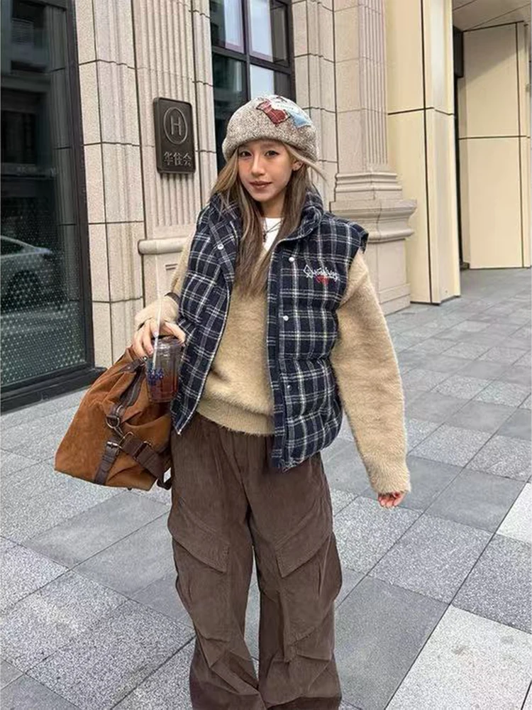 

Винтажный клетчатый жилет для женщин Y2K, корейское свободное толстое флисовое теплое пальто без рукавов Bf Harajuku, уличная одежда, универсальное пушистое пуховое пальто
