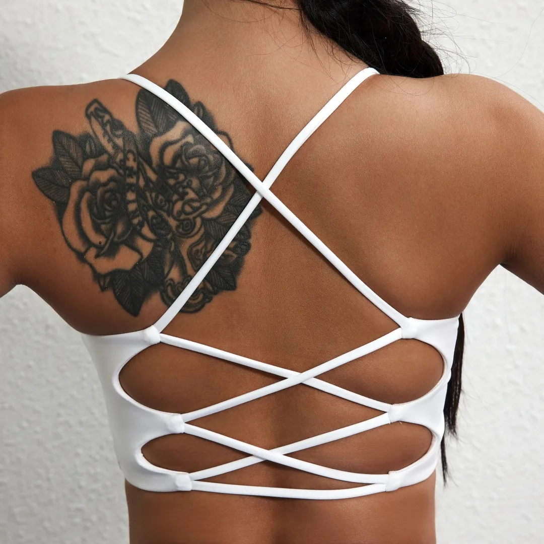 Solid Color U-Shape Beauty Hollow Cross Back Women Fitness Sports Bra Top Gym Yoga Athletic Workout Jog Multiple Shoulder Straps