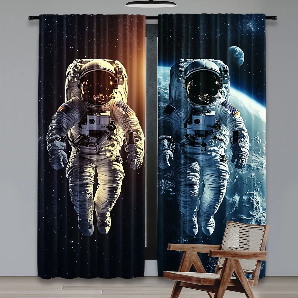 2Pcs Vibrant Astronaut Print Curtains Unique Space Themed Curtains Suitable For Bedroom Bathroom Living Room Dining Room Study