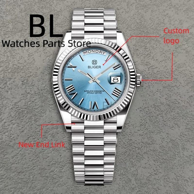 นาฬิกาข้อมือผู้ชาย BLIGER รุ่น BD36D40 สลักโลโก้ได้ นาฬิกาอัตโนมัติสุดหรู ระบบ Miyota8285 แสดงวันและสัปดาห์ หน้าปัดสีน้ำเงินน้ำแข็ง กระจกแซฟไฟร์ กันน้ำ 10 บาร์