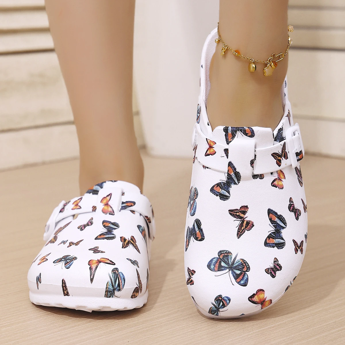 Modische Wickelsandalen für Damen, weißer Schmetterlingsdruck, Keilabsatz und dicke Sohle, EVA-Material, stilvoll und vielseitig, bequem, S – Detail 6