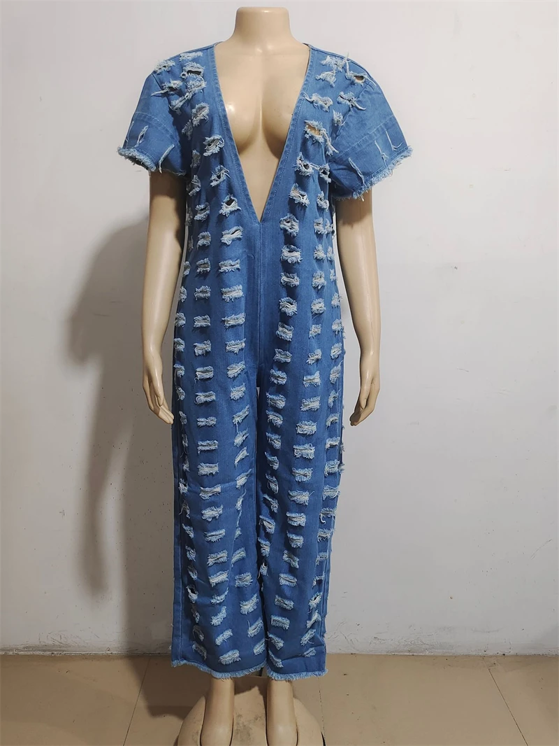 Mode Uitgesneden Holle Jeans Jumpsuits Zomerkleding Dames 2024 Diepe V-Hals Losse Denim Rompertjes Eendelige Overalls Outfits