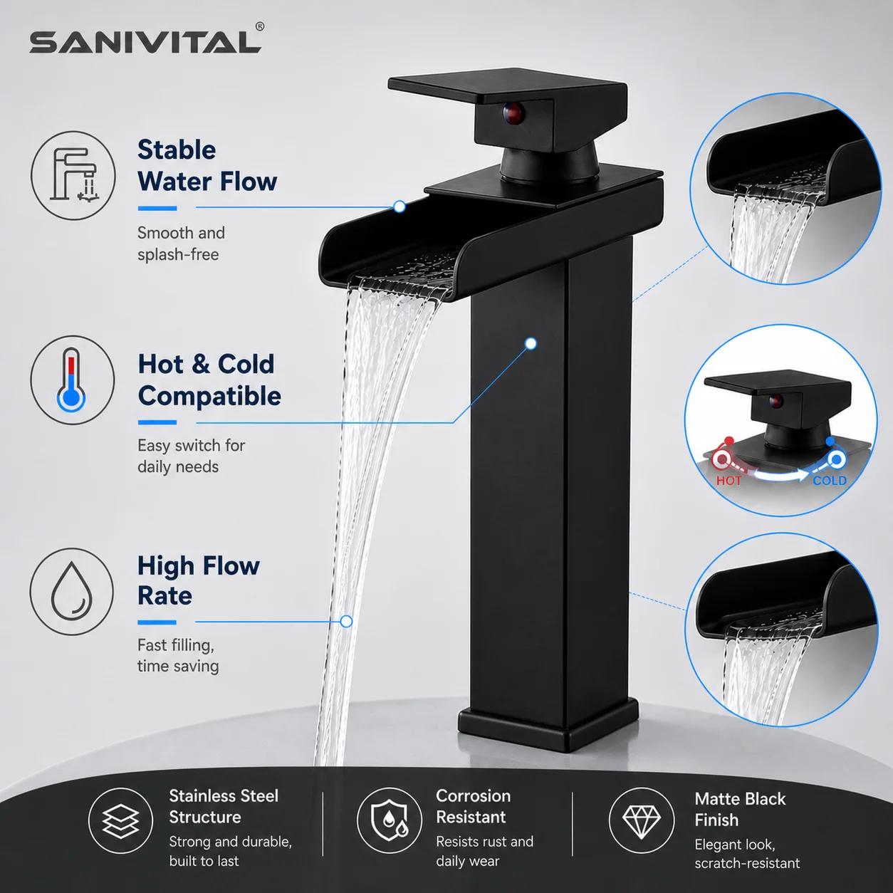SANIVITAL Tall Square Vessel Basin Faucet Wide Waterfall Spout Anti-Corrosion Modern Black Bathroom Sink Mixer Tap