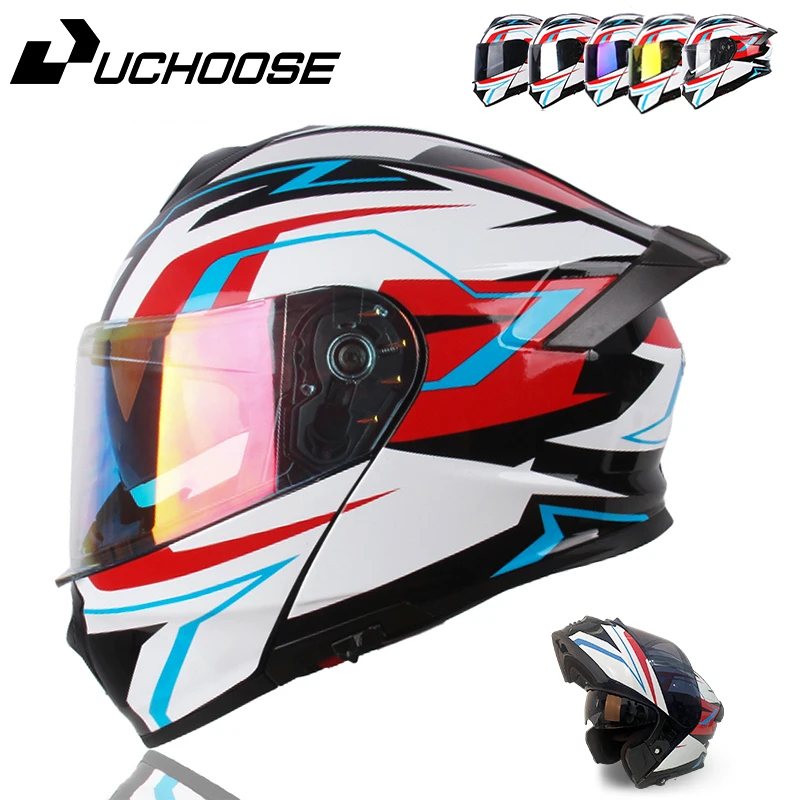 DOT Uchoose Approved Full Face Helmets Crash Motorbike Protective Gear Modular Flip Up Motorcycle Helmet  Visor Double Men Women