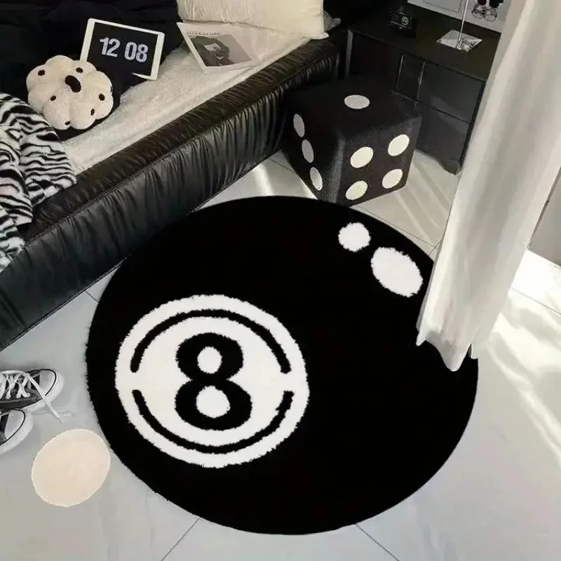 VIKAMA Black 8-Ball Round Pile Carpet, Anti-Slip Carpet For The Bedroom, Soft Pile Carpet For The Living Room, Home Decoration