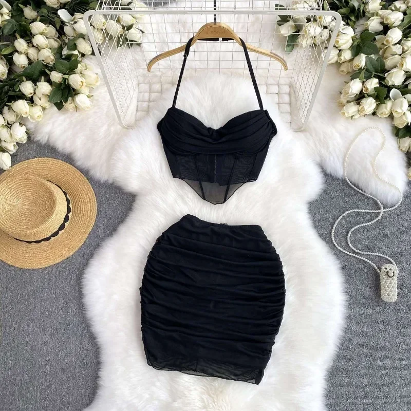 Y2k Dress Sets Women Two Peice Sets Crop Tops Tank Tops Slim Skirt Mesh Sexy Chic Womenswear Patchwork Streetwear Solid New