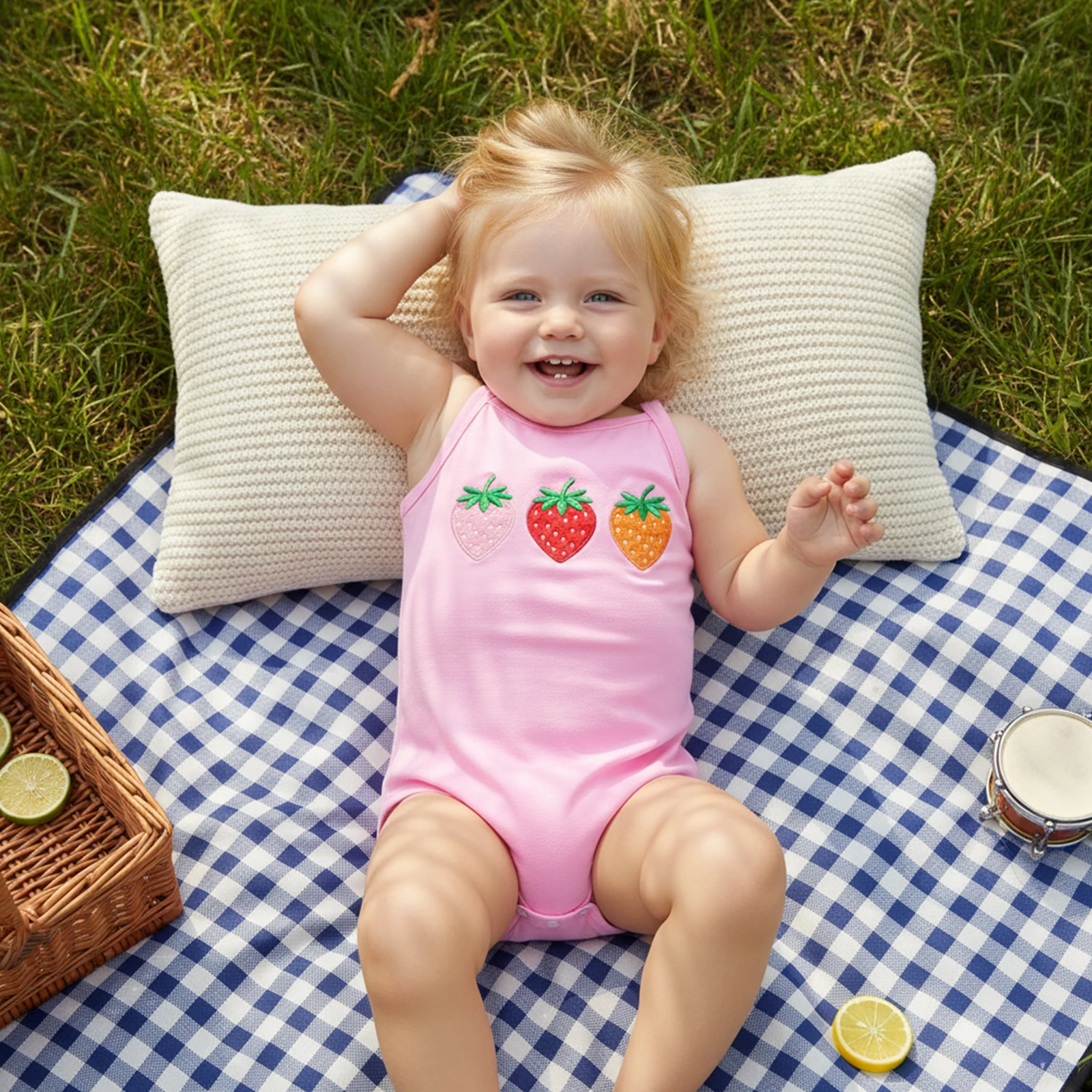 VISgogo Infant Baby Girl Romper Summer Sleeveless Square Neck Cute Strawberry Embroidery Jumpsuit