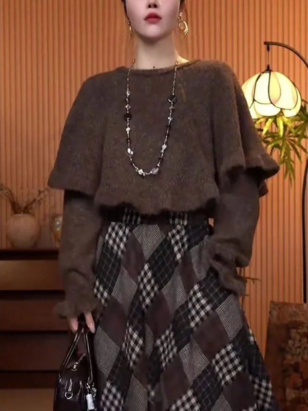 

Корейский модный вязаный комплект для женщин: милый зимний костюм из двух предметов с длинными рукавами, шортами с высокой талией и круглым вырезом