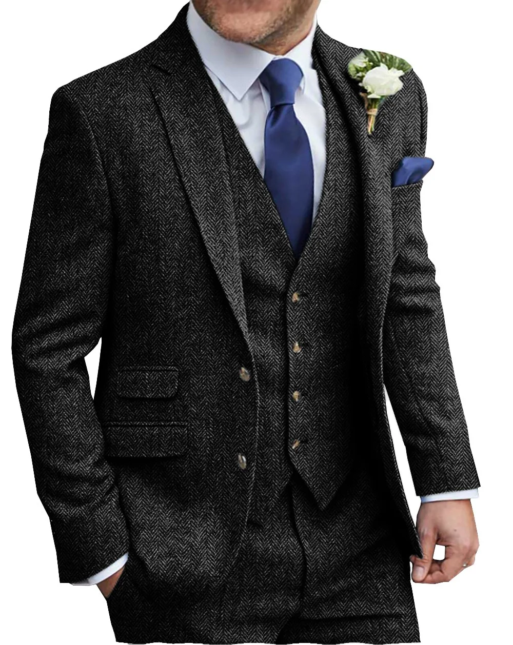 

2026 Mens Suits 3 Piece Peak Lapel Herringbone Wedding Suit Prom Tuxedos Tweed for autumn Slim Fit (Blazer+Vest+Pants)