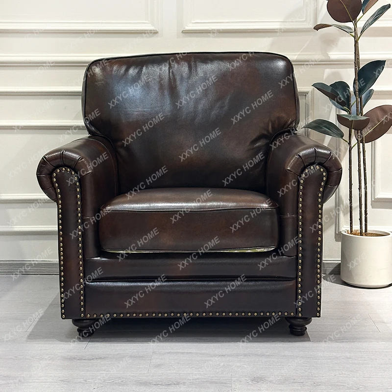 

American leather sofa single seat straight row living room furniture combination brown small apartment