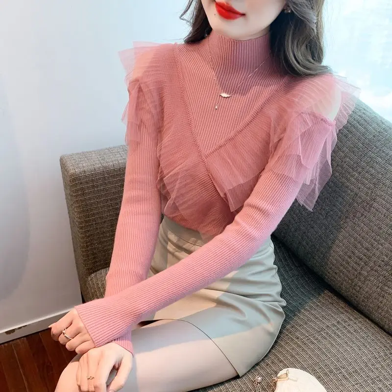 Off Shoulder Slim Pullovers Top Autumn Winter New Long Sleeve Net Yarn Patchwork Elegant Sweaters Korean Fashion Women Clothing