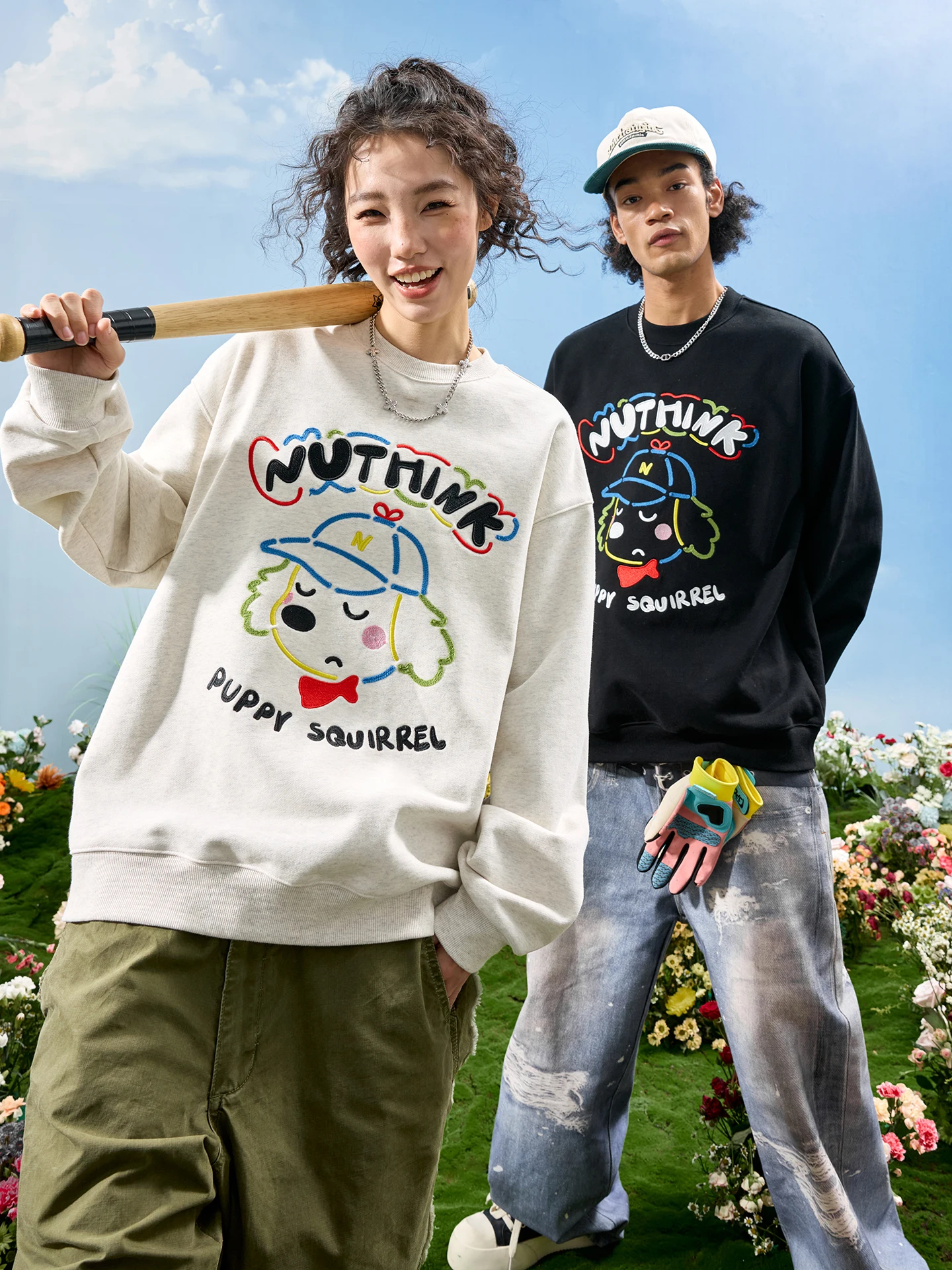 

Новая толстовка Nuthink с вышивкой в виде собаки и надписью, в американском мультяшном стиле, с контрастными цветами, весна 2026