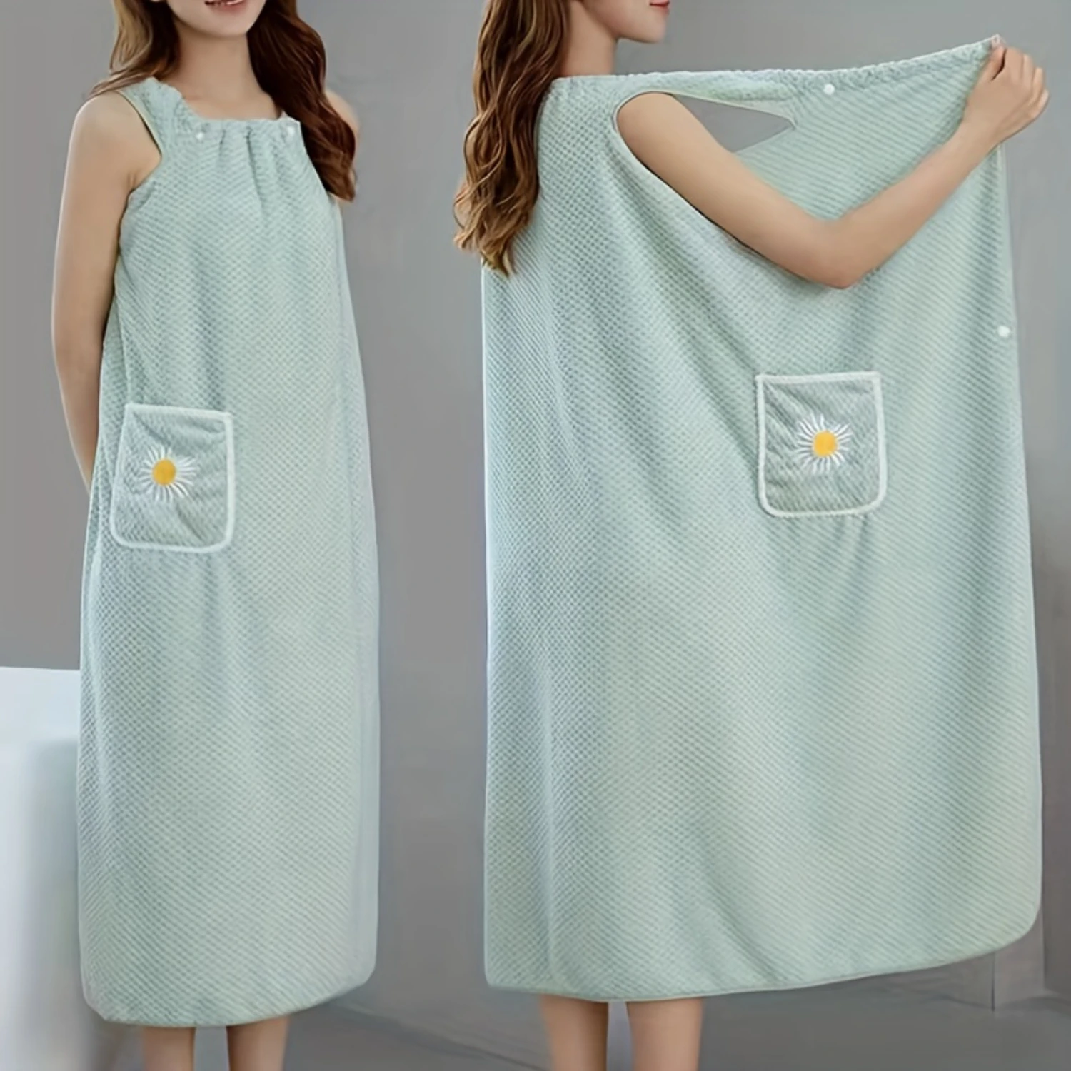 1pc Flower Pattern Wearable Bath Towel, Solid Color Bath Skirt For Adults, Absorbent Quick Drying Bathrobe With Pockets, Long Ba