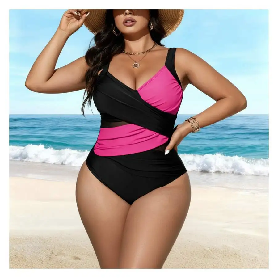 

Womens One Piece Swimsuit Black And Pink Color Block Mesh Panel Tummy Control Bathing Suit