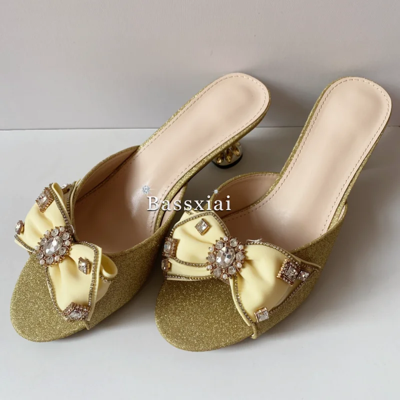 Bling Sequins Crystal Butterfly-Knot Slingbacks Women's Unique Rhinestone Heel Summer Mules Glittery Sandals for Girls