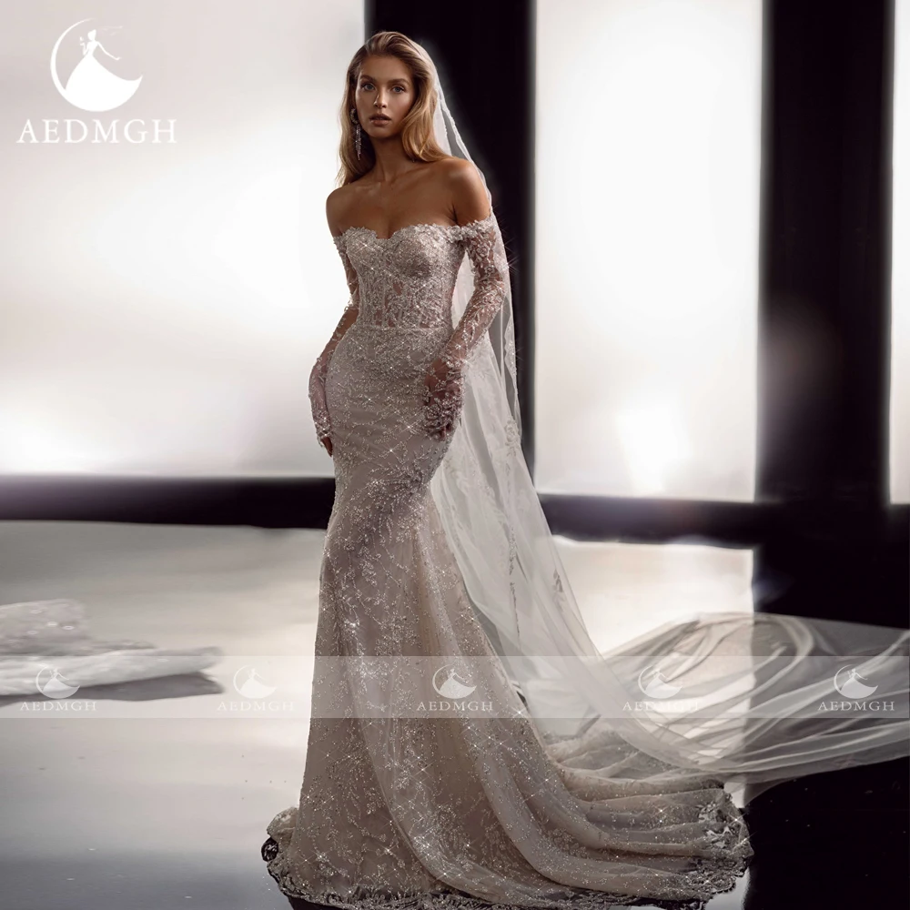 Suknie ślubne Aedmgh Mermaid 2024, Sweetheart Off The Shoulder Vestido De Novia, koronkowy haft, odpinany tren Robe De Mariee