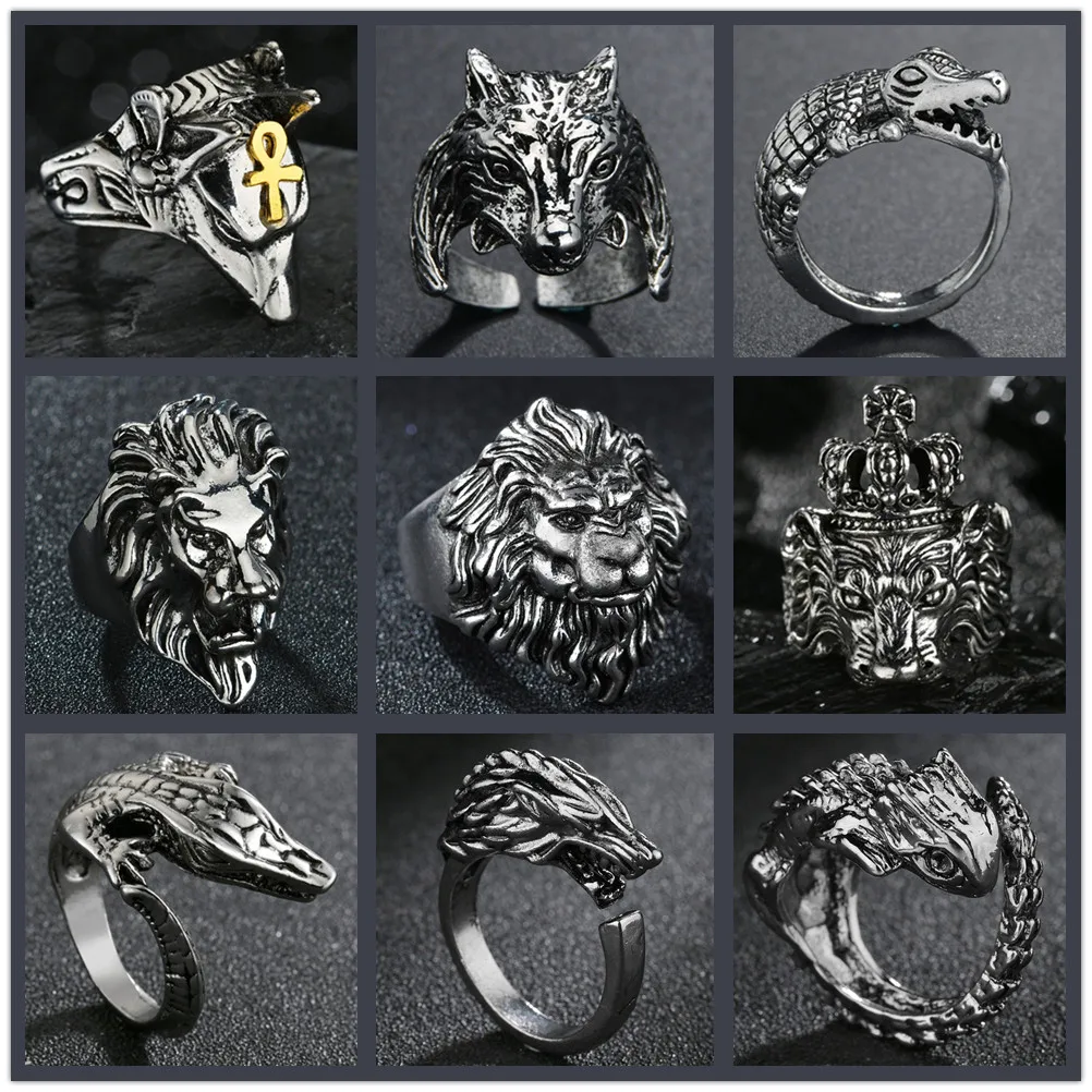 Винтажные модные кольца Viki Crocodile Dragon Lion Wolf Head для мужчин Ювелирные изделия в стиле панк Ретро Тотем волка Мужское кольцо Хип-хоп Повязки на палец