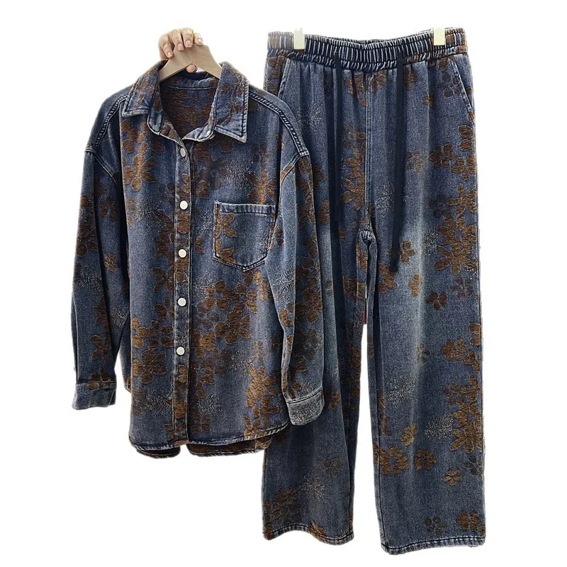 New Autumn Women Two-piece Set Flocking Floral Long Sleeve Loose Denim Cardigans Shirt + Elastic Waist Wide Leg Straight Jeans view 5