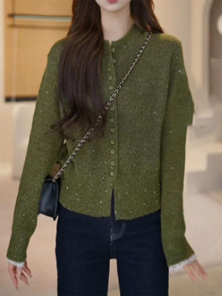 

Приятный для кожи шерстяной вязаный кардиган с высоким воротником, топ на одной пуговице, женский топ больших размеров, модная осень 2021, корейский сле