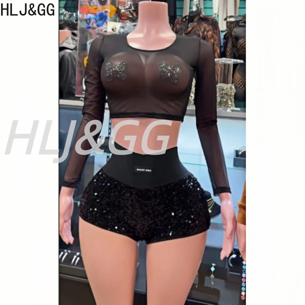 HLJ&GG Sexy Rhinestone Letter Mesh Tshirts Two Piece Sets Women Round Neck Long Sleeve Crop Top And Shorts Outfits Streetwear