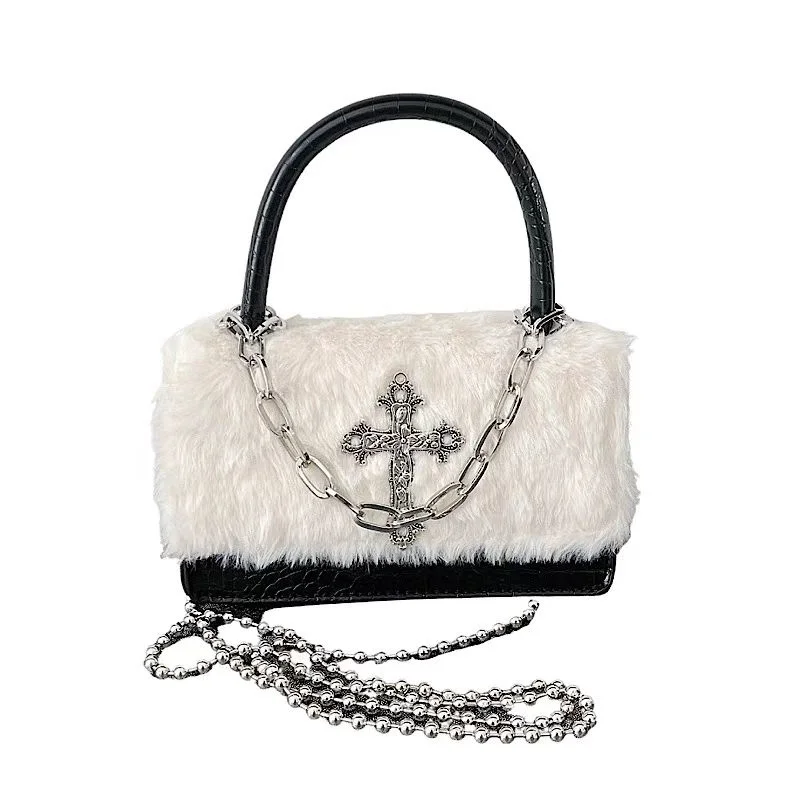 Y2K Spicy Girl Gothic Cross Plush Small Square Bag Millennial Style Handheld Crossbody Autumn And Winter 2024 The New listing