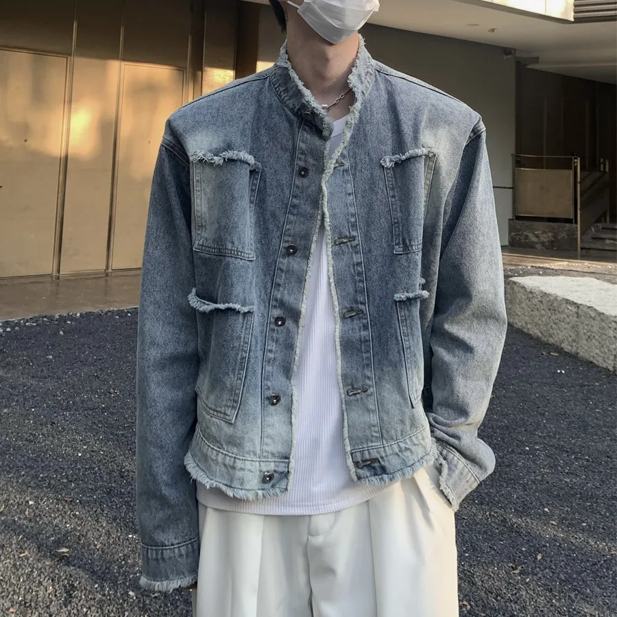 2024 Men's Fashion Design Raw Edge Denim Jacket Youth High Street Retro Washed Gradient Stand Collar Loose Jacket