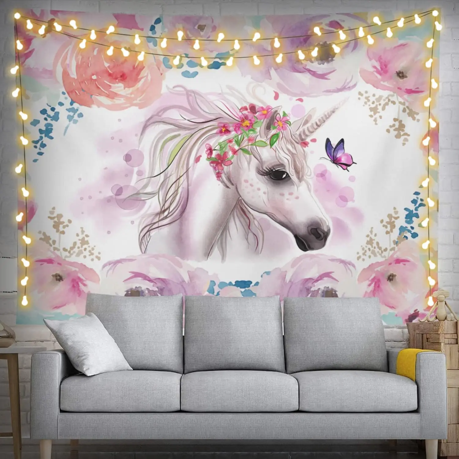 Fairy Unicorn Wall Hanging Tapestry, Soft Pink Flower Watercolor Butterfly Art Decor Fabric, Gentle Aesthetic Ornament For