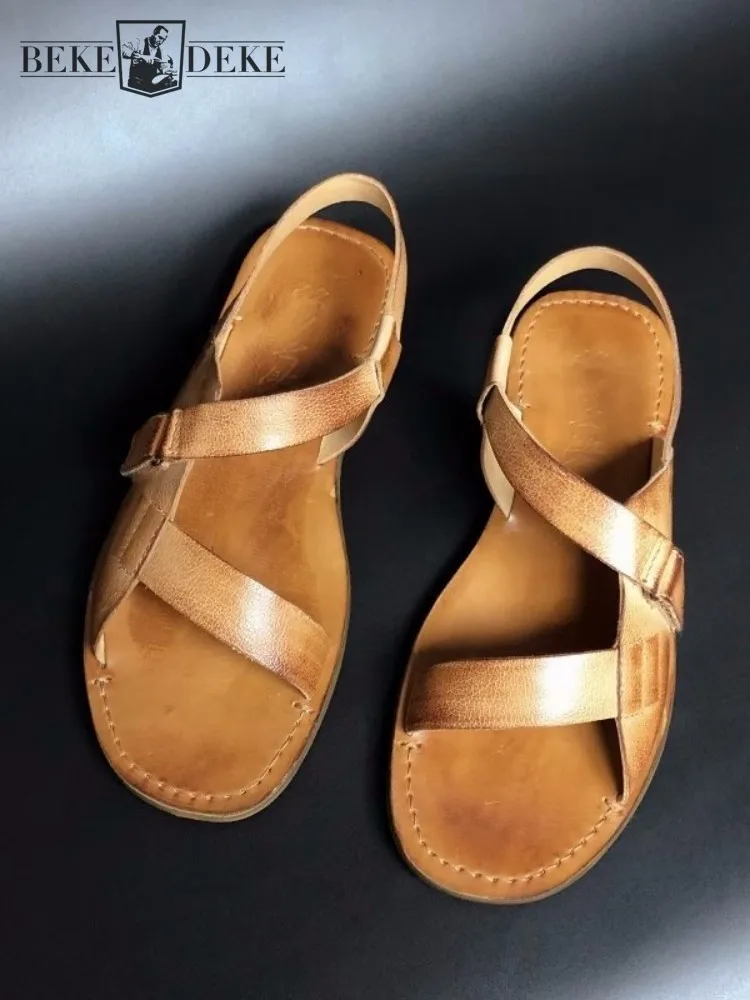 Mens Cowhide Genuine Leather Vintage Genuine Leather Roman Sandals Hook Loop Casual Shoes New Summer Designer Beach Sandals
