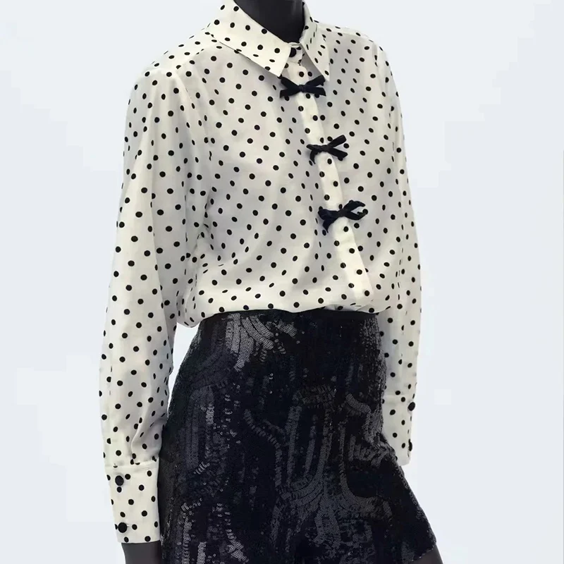 Z Polka Dot irt Long Sve da donna Colletto con bottoni Nodo Primavera 2025 Faion Versatile fibra di poliestere 00%