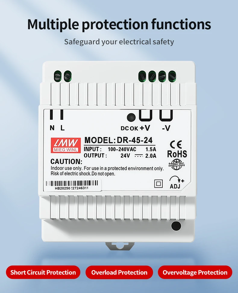 DR Schaltnetzteil mit Einzelausgang DC 5V 12V 24V Industrielles DIN-Schienen-Netzteil 100-240VAC DR-15 DR-30 DR-45 DR-60 – Detail 3