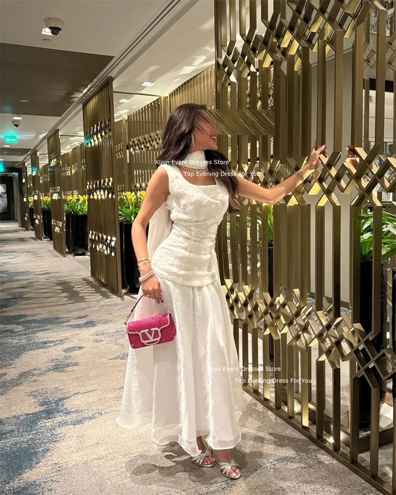 Xijun White Elegant Long Evening Dresses Flowers Square Collar Prom Dresses Sleeveless Formal Occasion Saudi Arabric Prom Gowns