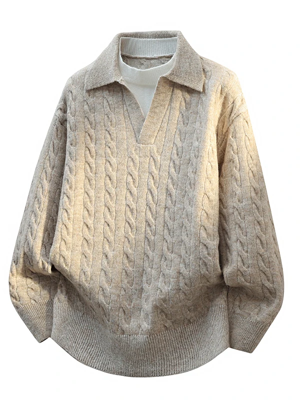 

Laid-ba Knitted Sweater Men's V-ne Fake Two-Piece Single Wear Korean Sle Loose Fit Long Sve Polyester Fiber