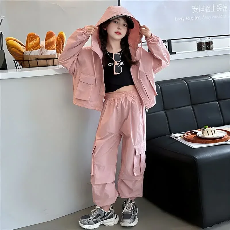 

Girls Clothes Set Autumn 2024 Casual Sport Hooded Jacket Cargo Pants 2pcs Teen Children Costumes 10 12 13 14 Years Kids Outfits